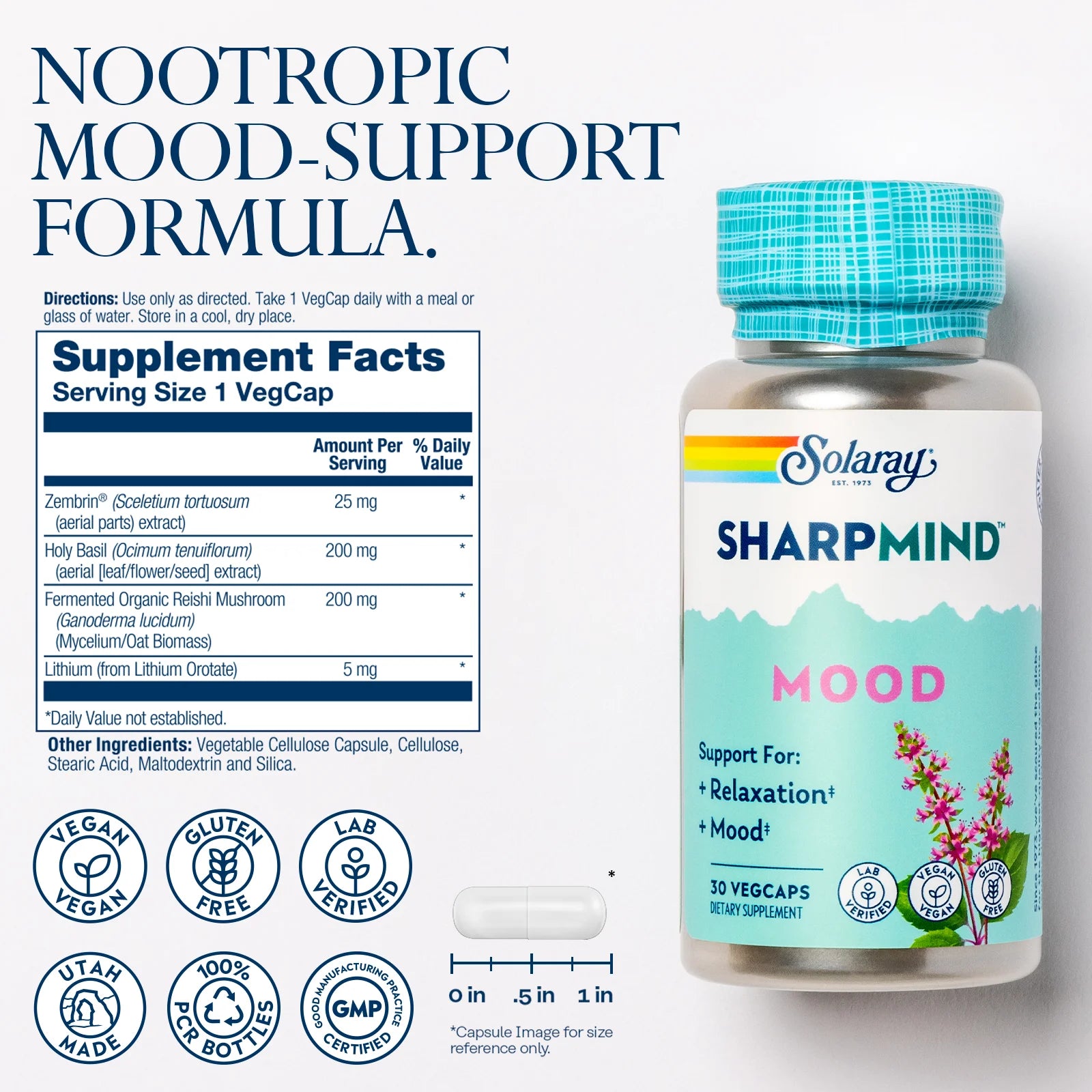 Sharpmind Mood, Nootropic Happy Mood and Relaxation Support Supplement, Zembrin 25 Mg, Holy Basil 200 Mg, Lithium Orotate 5Mg, Mushroom 200 Mg, 60 Day Money Guarantee, 30 Serv 30 Vegcaps