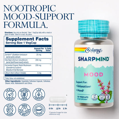 Sharpmind Mood, Nootropic Happy Mood and Relaxation Support Supplement, Zembrin 25 Mg, Holy Basil 200 Mg, Lithium Orotate 5Mg, Mushroom 200 Mg, 60 Day Money Guarantee, 30 Serv 30 Vegcaps