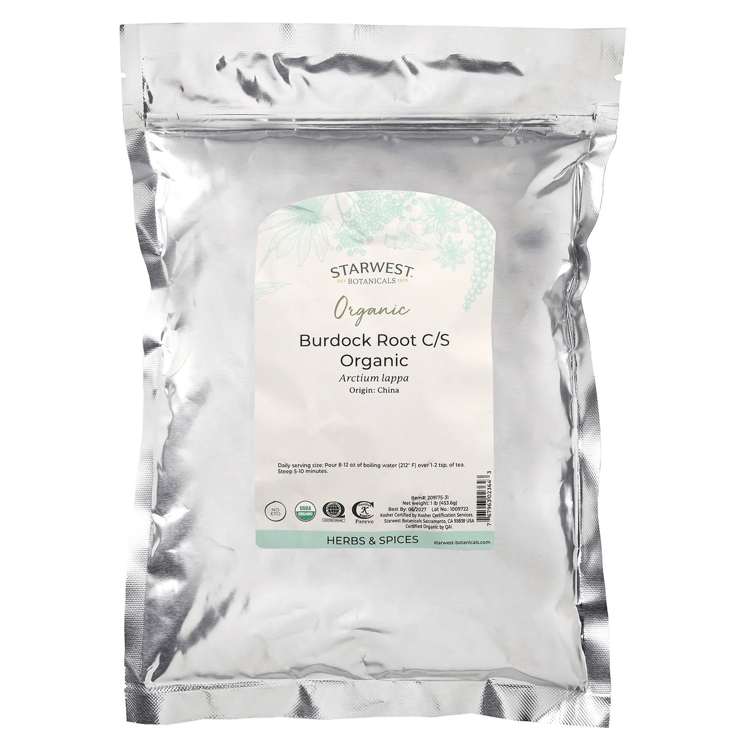 Starwest Botanicals Organic Burdock Root C S 1 Lb 453 6 G Kosher, Organic