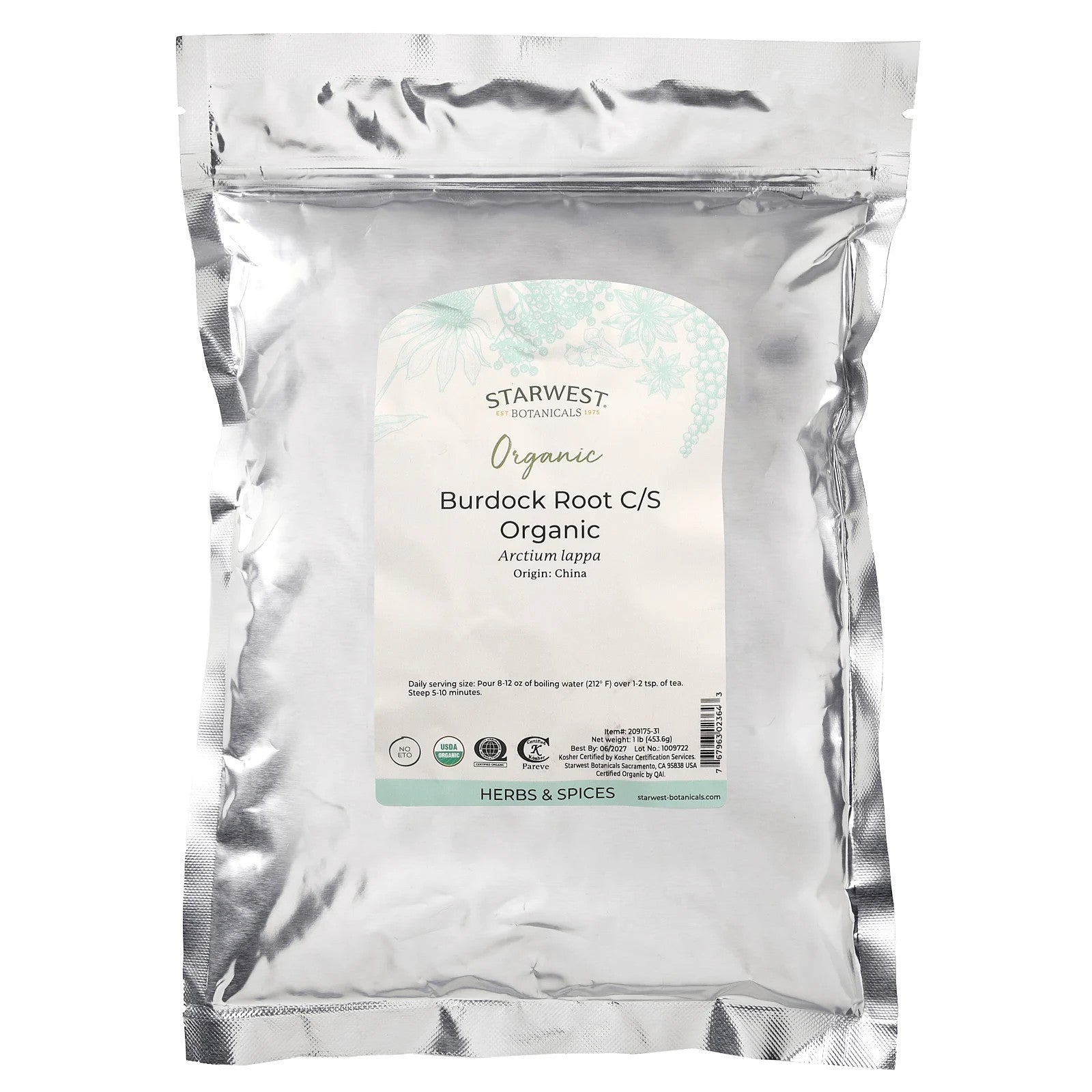 Starwest Botanicals Organic Burdock Root C S 1 Lb 453 6 G Kosher, Organic