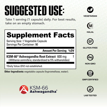 Ashwagandha KSM-66 Herbal Supplement for Better Overall Well-Being- Ashwagandha Supplement- 600Mg - 90 Vegetable Capsules